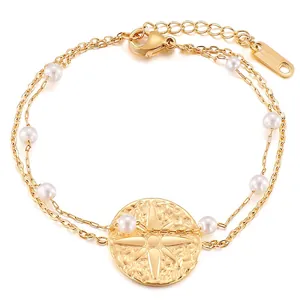 Double Layer Bracelet Stainless Steel With White Artificial Pearls Star Compass Coin Pendant Adjustable Elegant Jewelry For Women