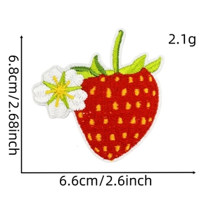Macro detail of red strawberry embroidery patch showing 6.8cm x 6.6cm dimensions