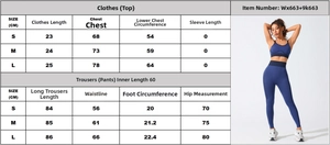 Tableau des tailles détaillé pour ensemble de yoga bleu avec brassière et legging