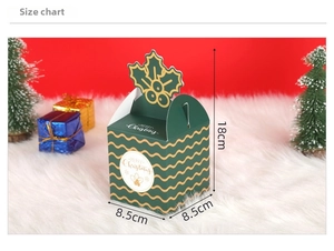 Detailed size view of a green Christmas gift box with golden waves and holly cutout