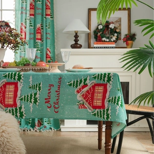 Christmas Tablecloth Rectangular Cotton Linen Blend Festive Dining Table Cover Holiday Party Decoration House Tree Prints