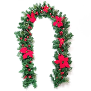 2.7m Christmas garland with red poinsettias, gold berries, and ornaments on white background