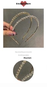 Close-up of sparkling crystal rhinestones set on a thin gold-tone metal headband detail