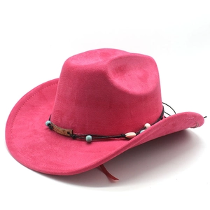 Close-up of rose red faux suede cowboy hat featuring bead and shell woven band