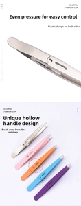 Detailed macro view of colorful stainless steel eyebrow tweezers with hollow handle design