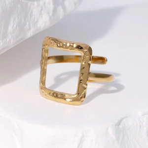 Minimalist square hammered 18k gold plated stainless steel open ring on white stone