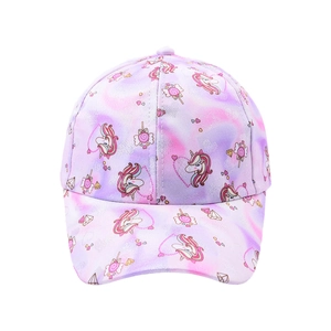 Kids purple and pink unicorn print baseball cap with glitter patterns on white background