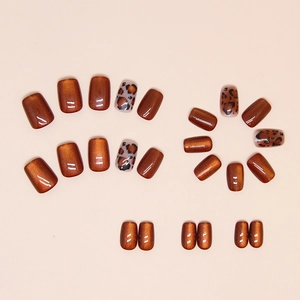 Macro detail of dark brown cat-eye and leopard print press-on nails set for women