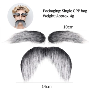 Detailed size view of gray and black gradient fake mustache and eyebrow costume set
