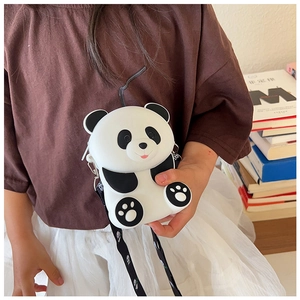 Detail of cute panda silicone kid's crossbody bag with adjustable printed shoulder strap
