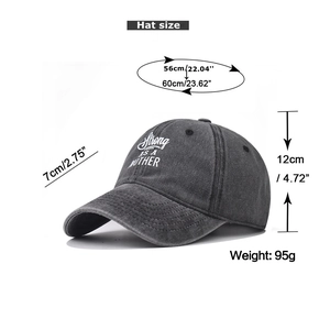 Détails de la casquette vintage en coton délavé avec broderie et mesures de taille précises