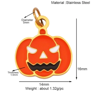 Detail view of pumpkin charm with size dimensions, material specs, and orange enamel finish
