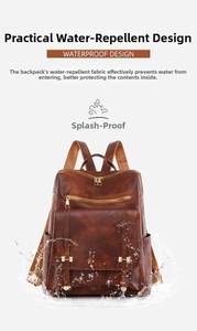 Detalle de mochila vintage de cuero PU marrón con diseño impermeable y cremalleras doradas