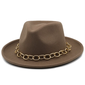 Brown wool fedora hat for women with a decorative thick gold metal chain accessory