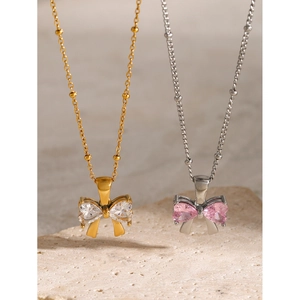 18k gold plated stainless steel bow necklaces with clear and pink heart zircon pendants