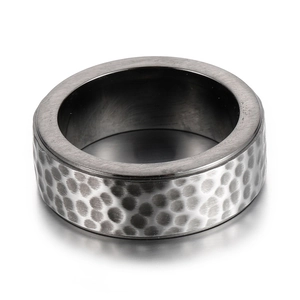 Men's 8mm stainless steel ring with hammered silver texture and black inner band finish