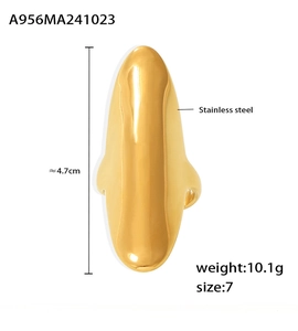 Detailed view of polished irregular long gold ring with 4.7cm length and weight specifications