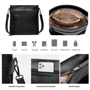 Detail view of black PU tote with smooth zipper and interior storage capacity layout