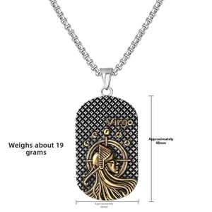 Detailed view of Virgo zodiac pendant with gold relief on vintage stainless steel plate