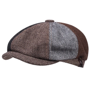 Classic patchwork newsboy cap with herringbone pattern tweed fabric for men in autumn