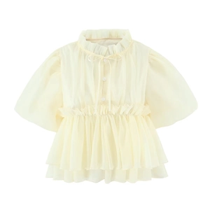 Blusa da Donna Casual Stile Bambola Maniche a Sbuffo Volant Collo con Fiocco Vestibilità Larga Moda Camicia a Maniche Corte