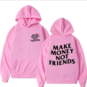 Rosa Kapuzenpullover mit schwarzem 'MAKE MONEY NOT FRIENDS' Aufdruck und Tasche