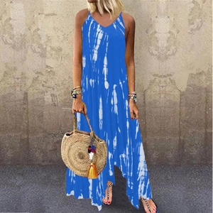 Detail of V-neck tie-dye maxi dress with a slit and convenient side pocket for women