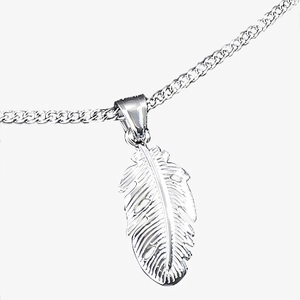Polished stainless steel feather pendant necklace for men in minimalist hip-hop style