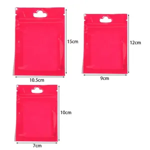 Rose red holographic zip lock bags with clear window and hanging hole in three sizes