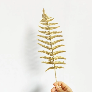 Golden glitter artificial fern leaf branch for Christmas and wedding party decorations