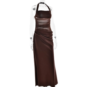 Detail of brown halter neck dress with sheer mesh splicing and satin fabric textures