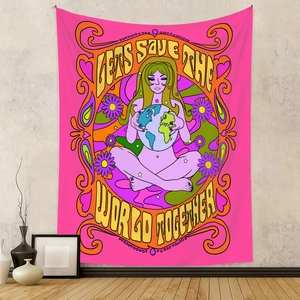 Detail of psychedelic wall tapestry with Let's Save The World Together slogan and earth art