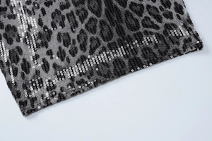 Détail macro du tissu à imprimé léopard avec paillettes argentées et coutures de robe