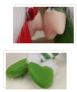 Detail of felt stitching and faux fur texture on the Christmas gnome doll legs