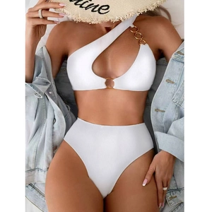 Chic white ribbed one-shoulder bikini set with gold chain rings and high waist bottom