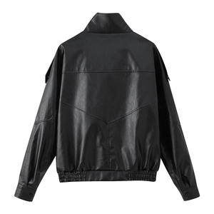 Back view of classic black litchi grain PU leather jacket with a stand-up collar design