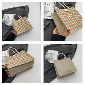 Detailed multi-angle views of linen handbag featuring orange geometric patterns and wood buttons