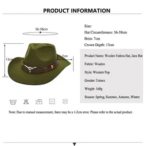 Size guide for western ethnic woolen felt fedora hat with brim and depth details