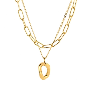 Double-layered gold paperclip chain necklace with irregular oval pendant for women