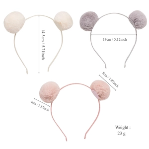 Plush faux fur ball cat ear headbands for kids in beige, grey, and pink colors