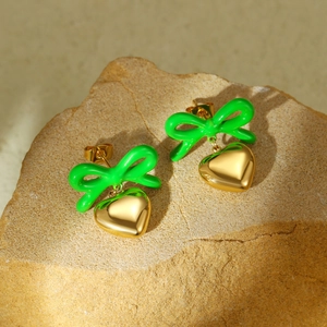 Chic 18K gold plated stainless steel heart and green enamel bow drop earrings for women
