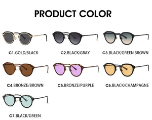 Matrix display of vintage oval sunglasses in seven color options with metal frames