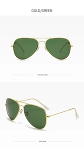 Gold aviator sunglasses with green lenses shown from positive and side view perspectives