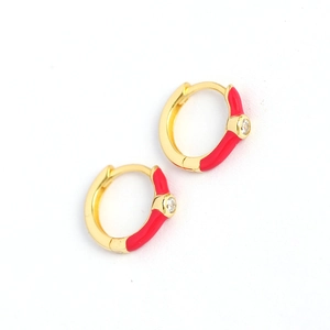 Minimalist gold S925 sterling silver hoop earrings with red enamel and zircon stones