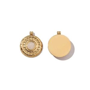 Detailed front and back views of gold heart pendant with sunburst texture and white stone