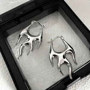 Flame Hoop Earrings Irregular Liquid Metal Punk Gothic Style Copper With 925 Sterling Silver Earring Post For Women
