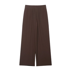 Women's dark brown crepe two-piece set with knot-front shirt and wide-leg trousers