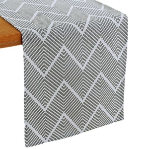 Nordic grey and white herringbone woven table runner with decorative geometric pattern