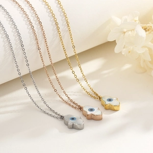 Hamsa Hand Evil Eye necklace in 18k gold plated titanium steel, three color options