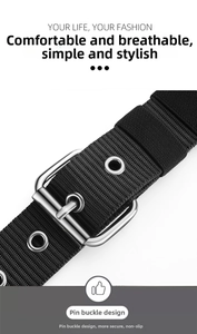 Close-up of black woven canvas belt showing metallic pin buckle and reinforced eyelets